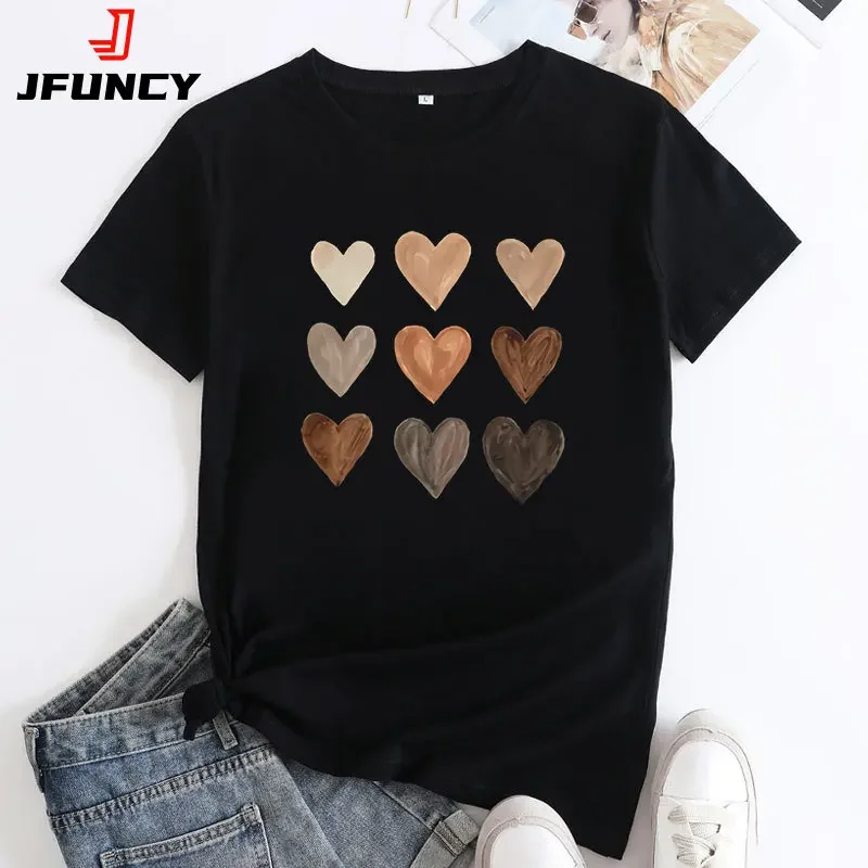 

JFUNCY Women T-shirt Woman Short Sleeve Tees Fashion Heart Graphic T Shirts Women's Top Summer Female Clothing Cotton Tshirt