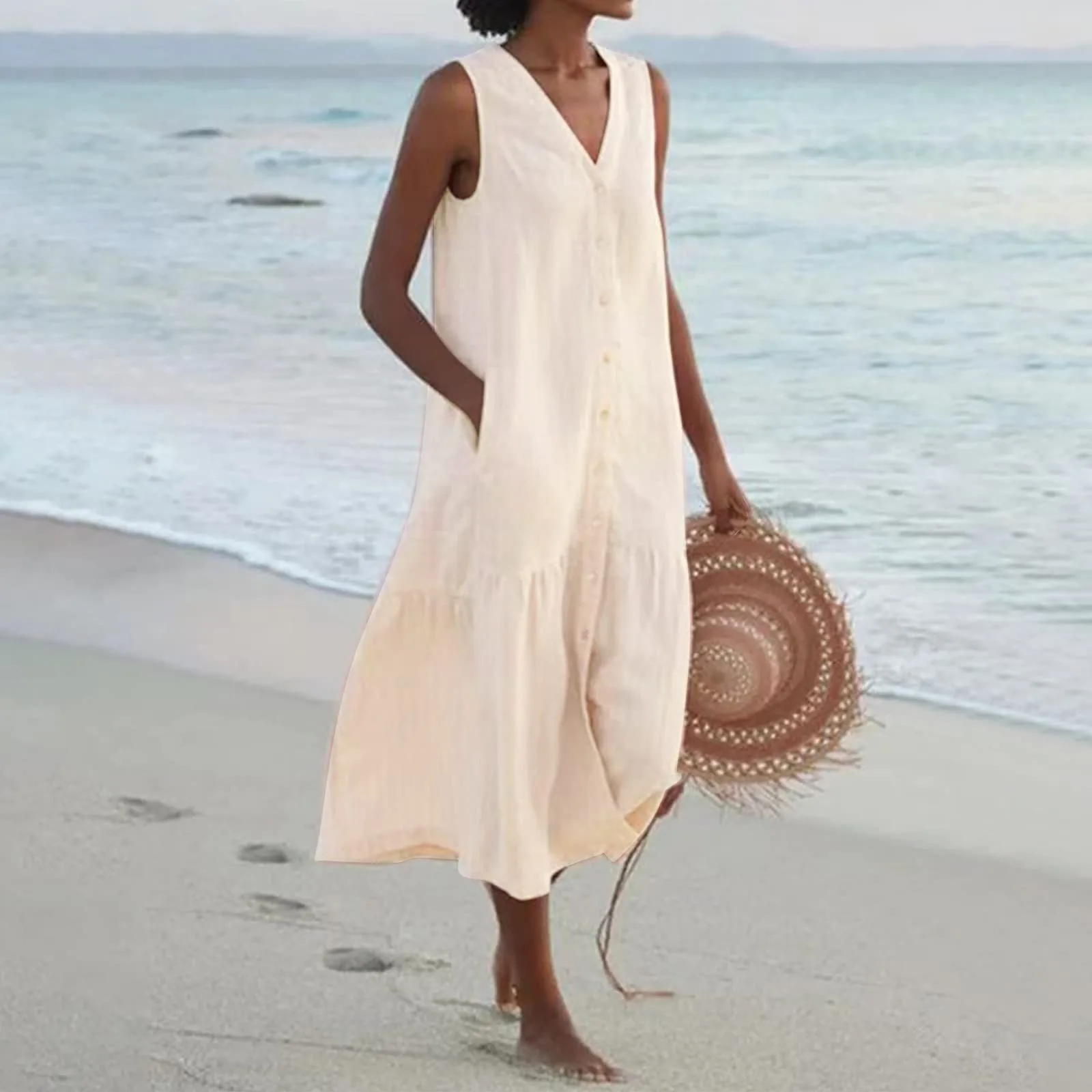 

Cotton Linen Loose Sundress With Pockets Women Elegant Solid Maxi Dress Summer Sleeveless V Neck Vintage Harajuku