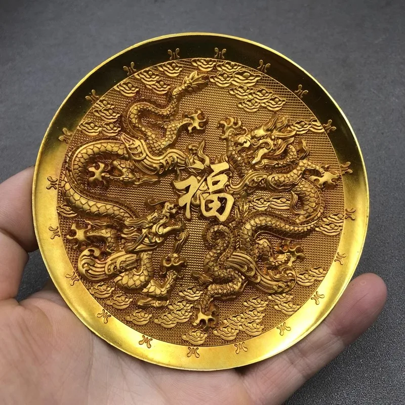 Antique Bronze Gilded Double Dragon Fuzi Plate Decorative Ornament 2