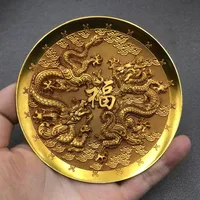 Antique Bronze Gilded Double Dragon Fuzi Plate Decorative Ornament 2