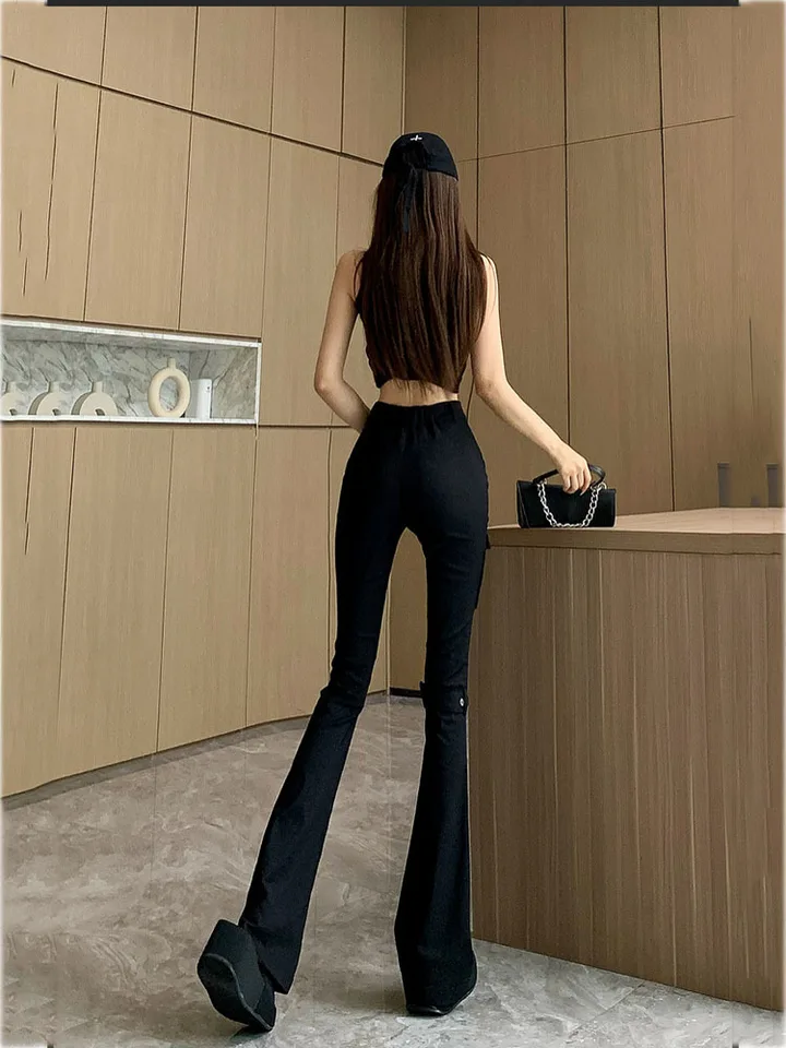 Women's Black Cargo Flare Pants Y2k Retro Emo 2000s Streetwear