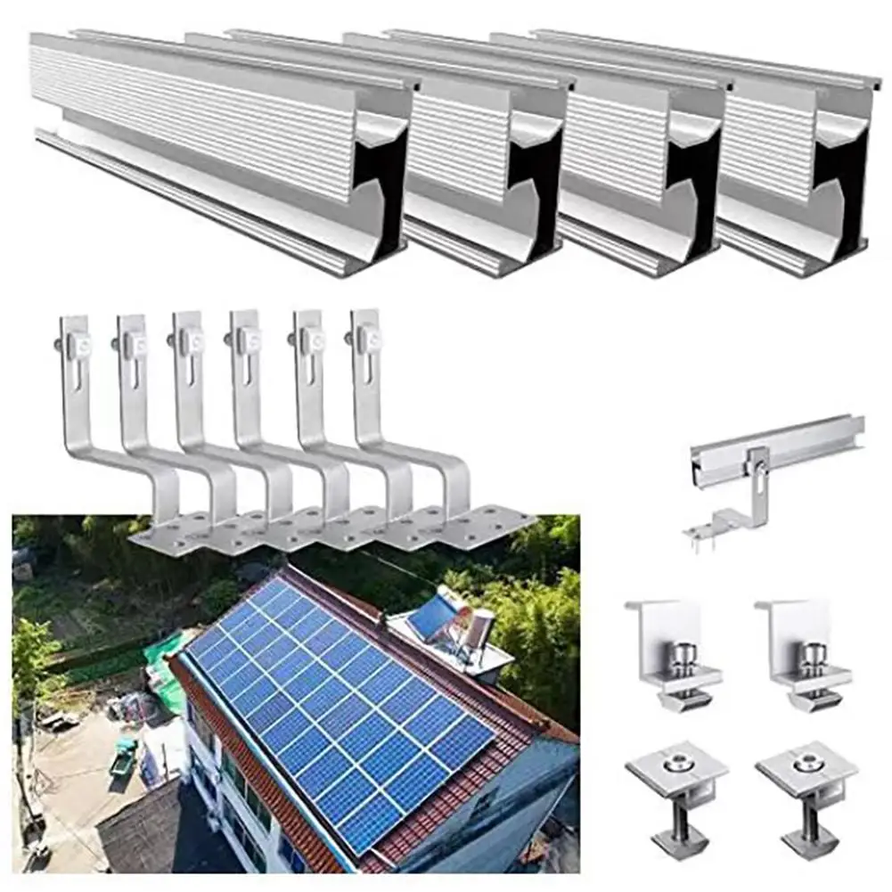 

1 комплект направляющих на солнечной батарее, монтажная направляющая из алюминиевого сплава, кронштейн на солнечной батарее, черепица, крючок на крышу, монтажная система для 2 солнечных модулей