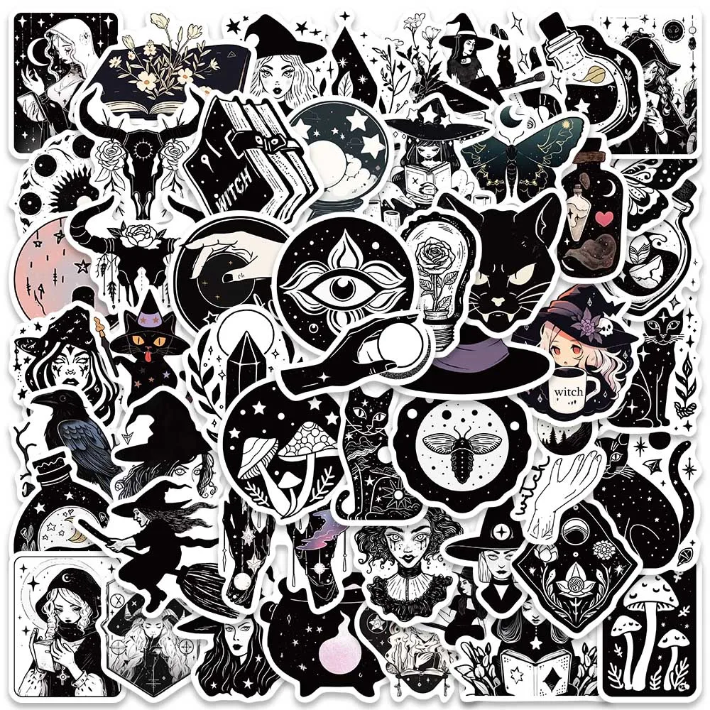 52pcs Cool Black and White Cartoon Magic Witches Stickers Vinyl Laptop Decals Luggage Guitar Phone Diary Waterproof Graffiti