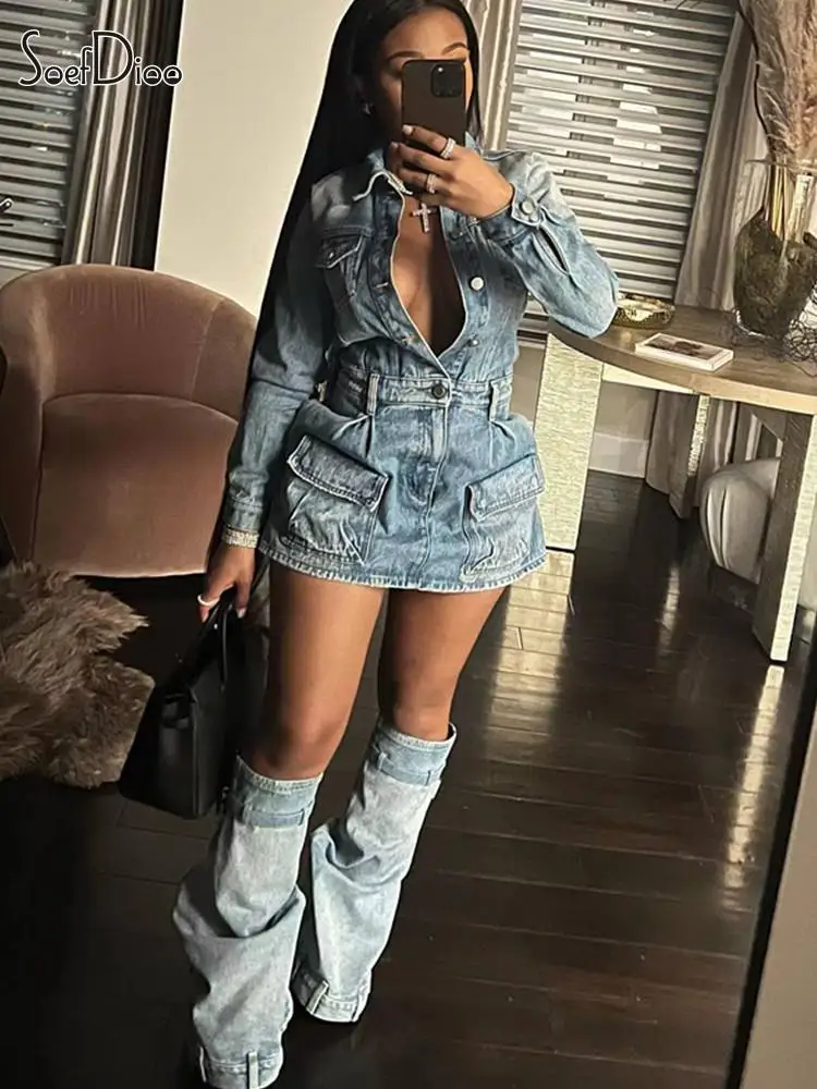 

soefdioo Blue Denim 3 Piece Set Women Sexy Lapel Button Long Sleeve Mini Dress and Trousers Leg Matching Fall 2023 Streetwear