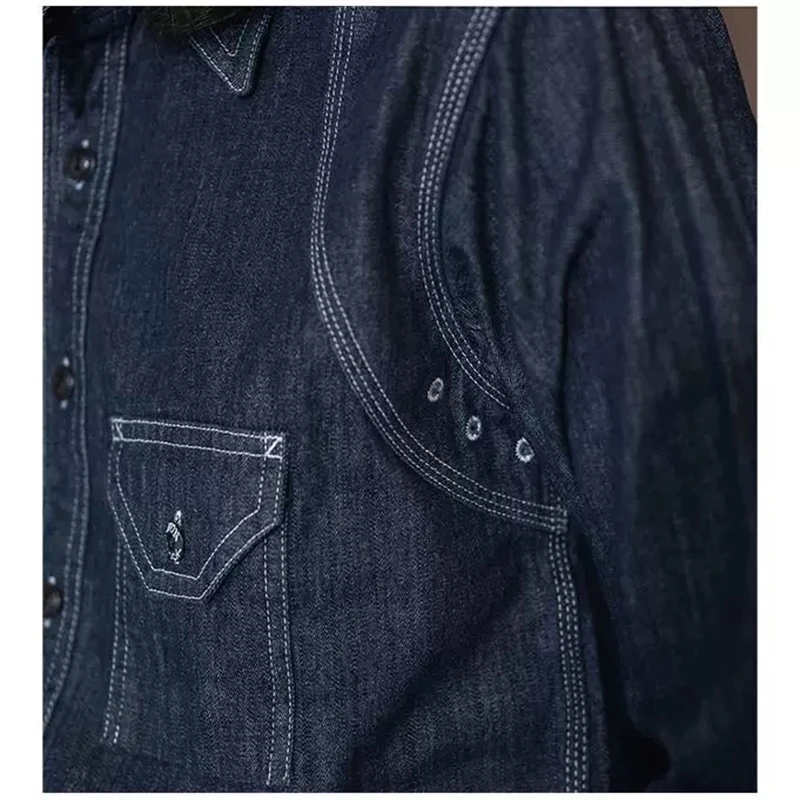 1933 Model Triple Stitch Denim Work Shirt With Cigarette Pocket Vent Holes denim shirt long sleeved shirt