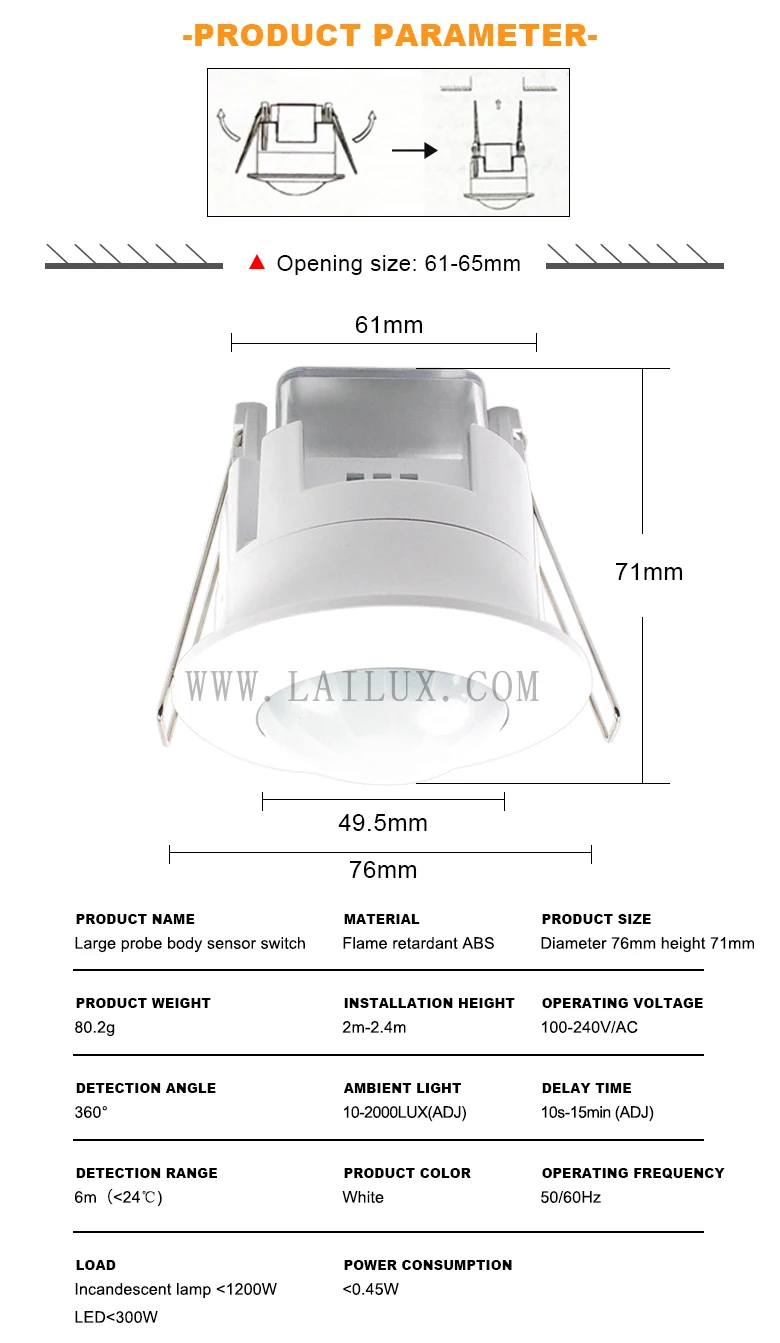 Description Picture 3 of itemAC110-220V 360°Human PIR Sensor Ceiling mounted Flat Infrared Motion Sensor Adjustable Time Off, LUX Light sensitive Switch