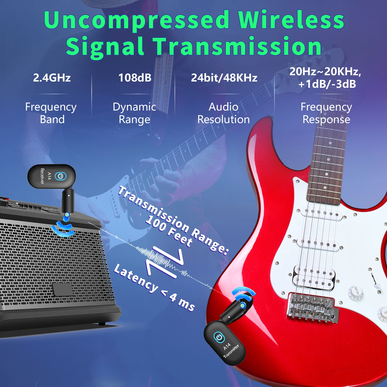 2.4GHz Wireless Guitar System Rechargeable Audio Wireless Transmitter Receiver 90&deg;Rotatable for Guitar Bass Electric Instruments wireless guitar system