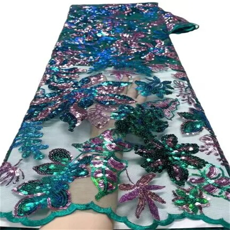 

African Guipure Lace Fabric 2023 High Quality Lace Nigerian Tulle Lace Fabrics With Colorful Sequins For Wedding Sewing J99-5