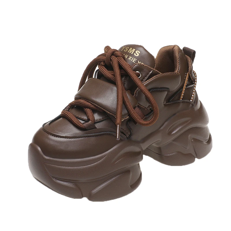 

Женские массивные кожаные кроссовки на шнуровке, 8 см, спортивная обувь Ulzzang, дышащая повседневная обувь для папы на толстой подошве