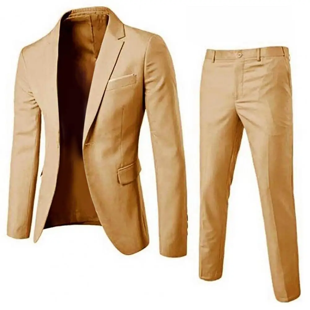 Mens Suit 1 Set Men Blazer Pants Solid Color Long Sleeve Slim Fit Turndown Collar Temperament One Button Pockets Suit Set Men Clothes