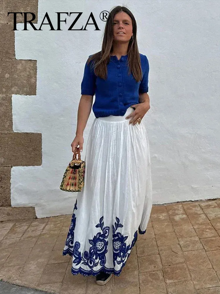 HH Blue Floral Embroidery Skirt For Women Fashion Casual Loose Elastic Waist Skirt Pleated Woman High Waist Midi Skirts