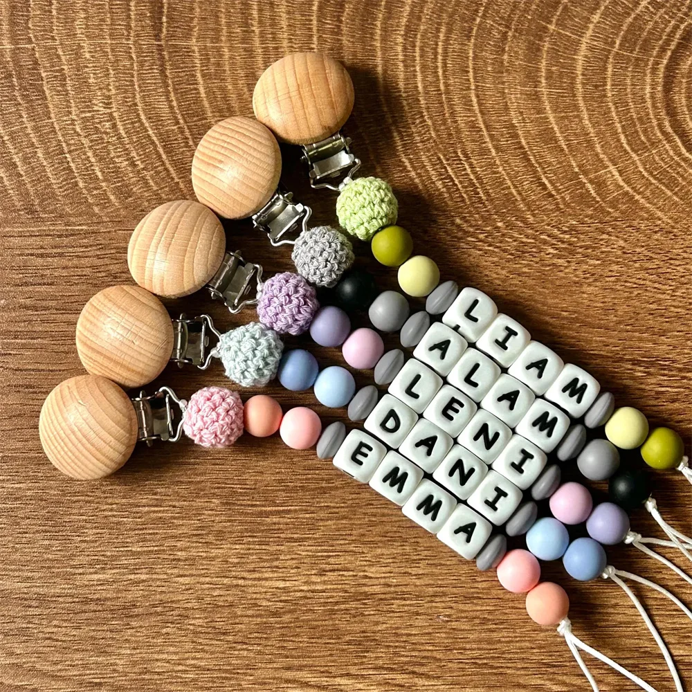 Custom Name Pacifier Chain with Colorful Beads & Crochet Balls