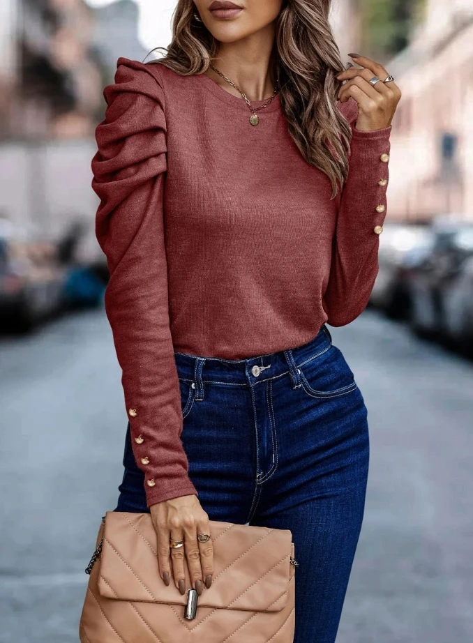 

2023 Autumn New Fashion Commuting Elegant Casual Temperament Gigot Sleeve Buttoned Ruched Round Neck Pullover Tops for Women