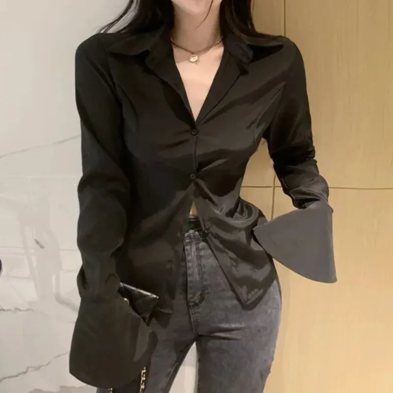 QWEEK Korean Fashion Elegant Blouses Women Sexy Gyaru Bandage White Shirts Flare Long Sleeve Tops Female Slim Office Wear Spring