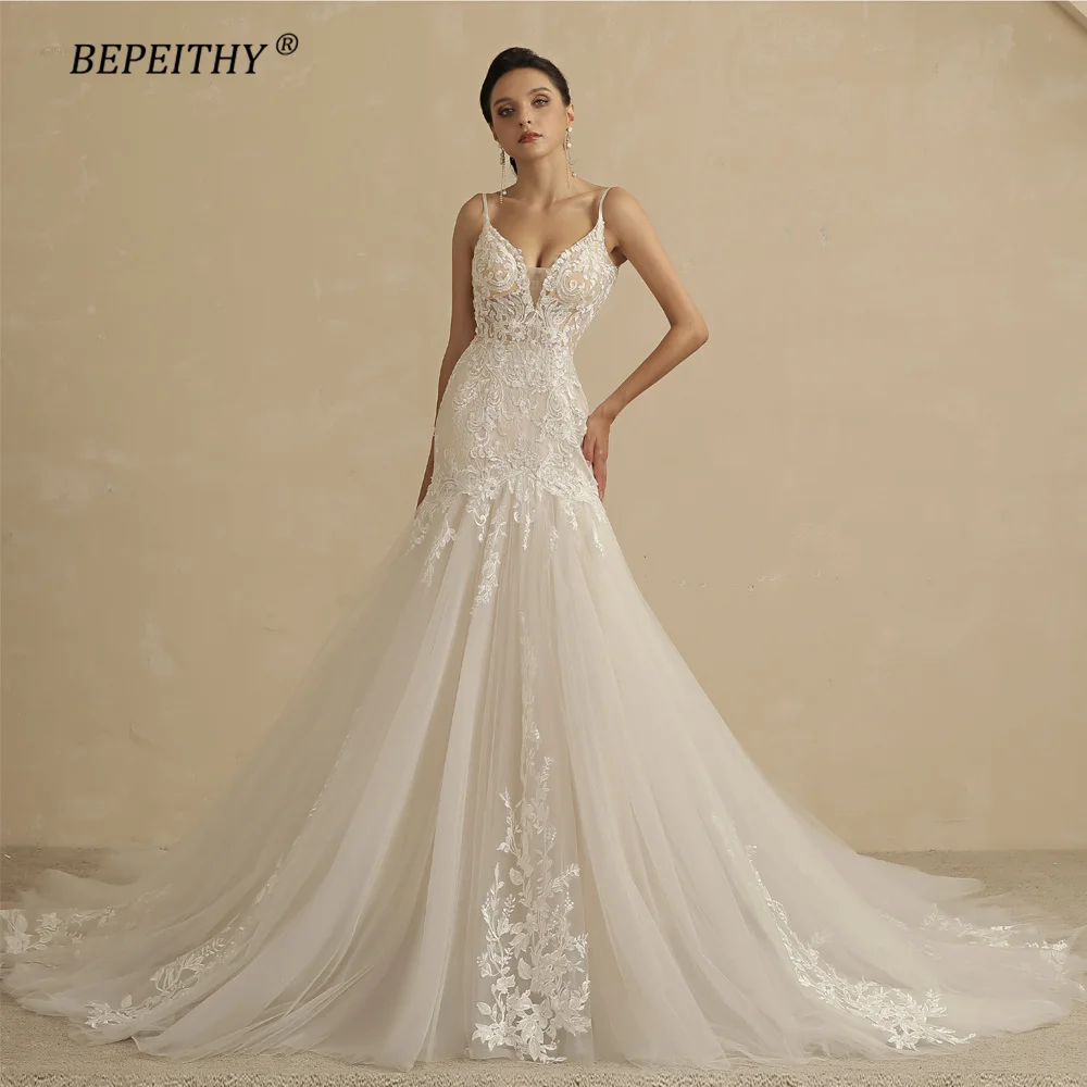 BEPEITHY Sexy Backless Trumpet Lace Wedding Dresses For Women 2022 Bride V Neck Sleeveless Ivory Summer Mermaid Bridal Gown