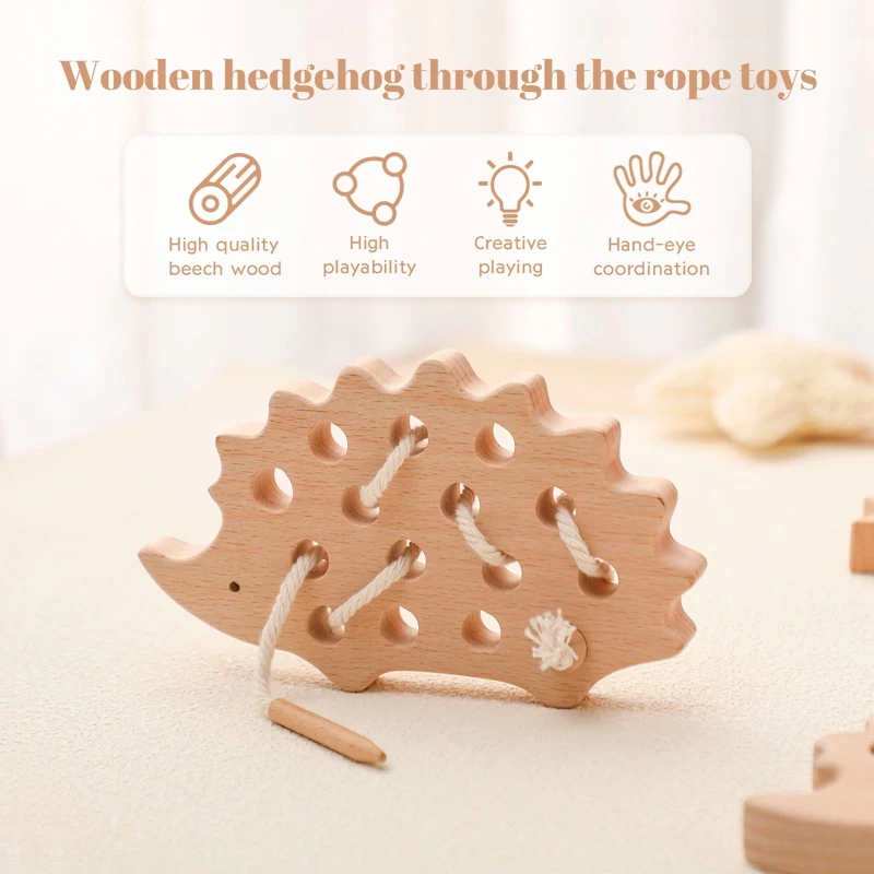 Baby Wooden Montessori Threading Blocks Toy Beech Wooden Hedgehog Board Creative Toy Hands-on Ability Educational For Kid Gifts educational toys