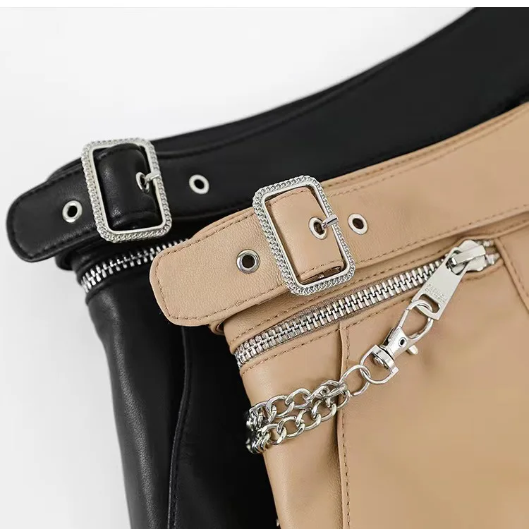 2023 New Leisure Motorcycle Chain Decoration Oblique Pocket Real Sheepskin Wide Leg Leather Shorts E37