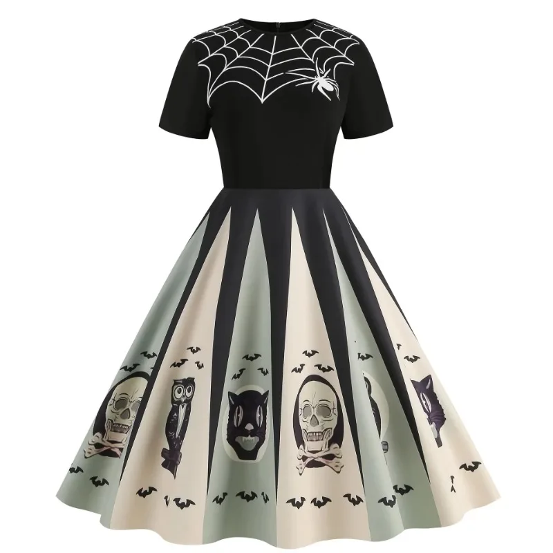 Halloween Disfraz Mujer Goth Women Cosplay Costumes Retro Dresses Robe Swing Pumpkin Skull Print Clothes Carnival Dress Up Party