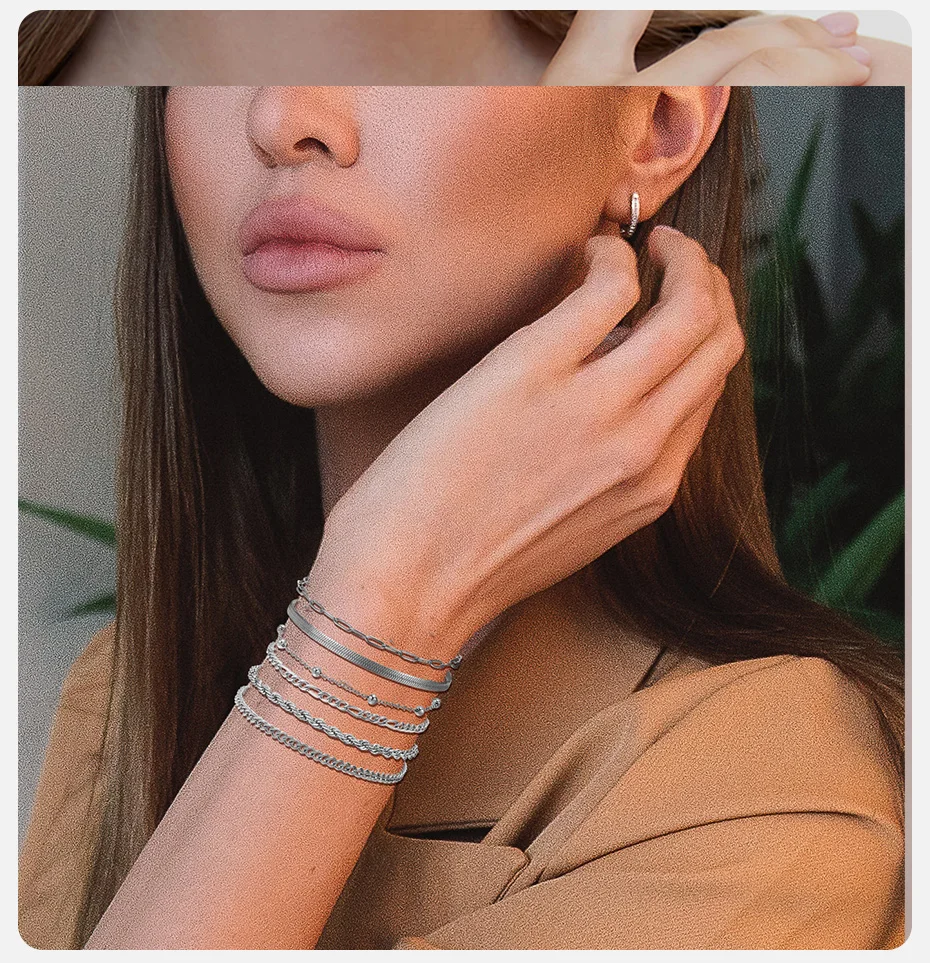 Vnox 6 stücke/3 stücke Frauen Kette Armbänder Set, Seil Kette kubanische Kette Schlange Glieder Armbänder, neue vergoldete minimalist ische Schmuck-Set – Detail 3