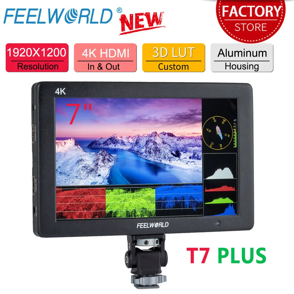 Portable Monitor DSLR Field Monitor FEELWORLD T7 PLUS V2 7Inch 3D LUT IPS 1920x1200 On-camera Field Monitor Aluminum Housing 4K HDMI Input/ Output Waveform Vector