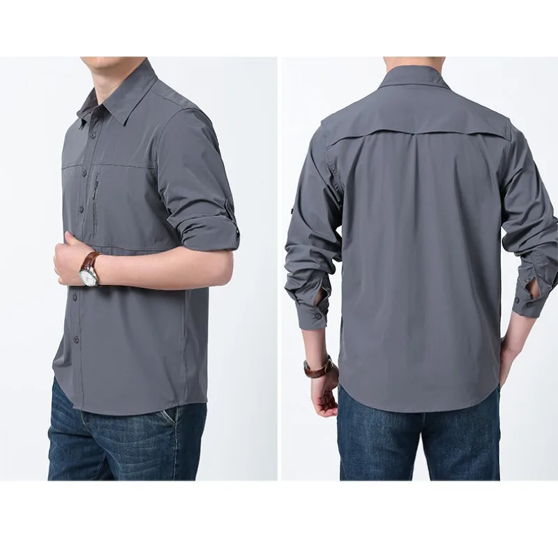 COMXZ 2025 Mens Quick Dry Shirt Outdoor Performance Ice Silk Long Sleeve Sun Protection UPF Work Shirt Waterproof Breathable