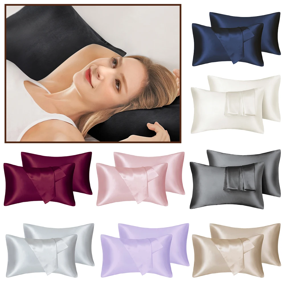 2pcs/set Solid Satin Skin Care Pillowcases Hair Anti Pillow Case Queen Size Envelope Pillow Covers for Home Hotel Travel 2