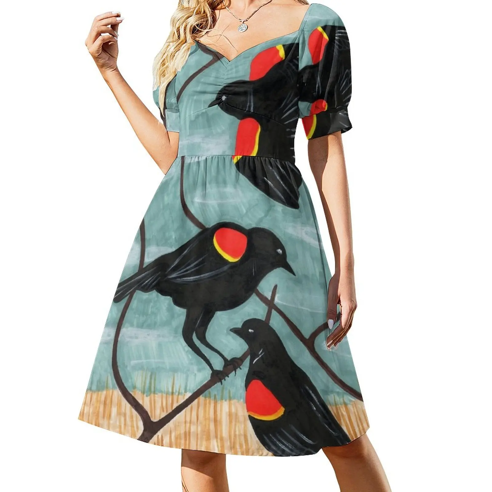 thumbnail image 1 of Mirlos de alas rojas de Amanda Laurel Atkins Vestido de manga corta vestidos verano ropa de verano Vestido, 1 of 7