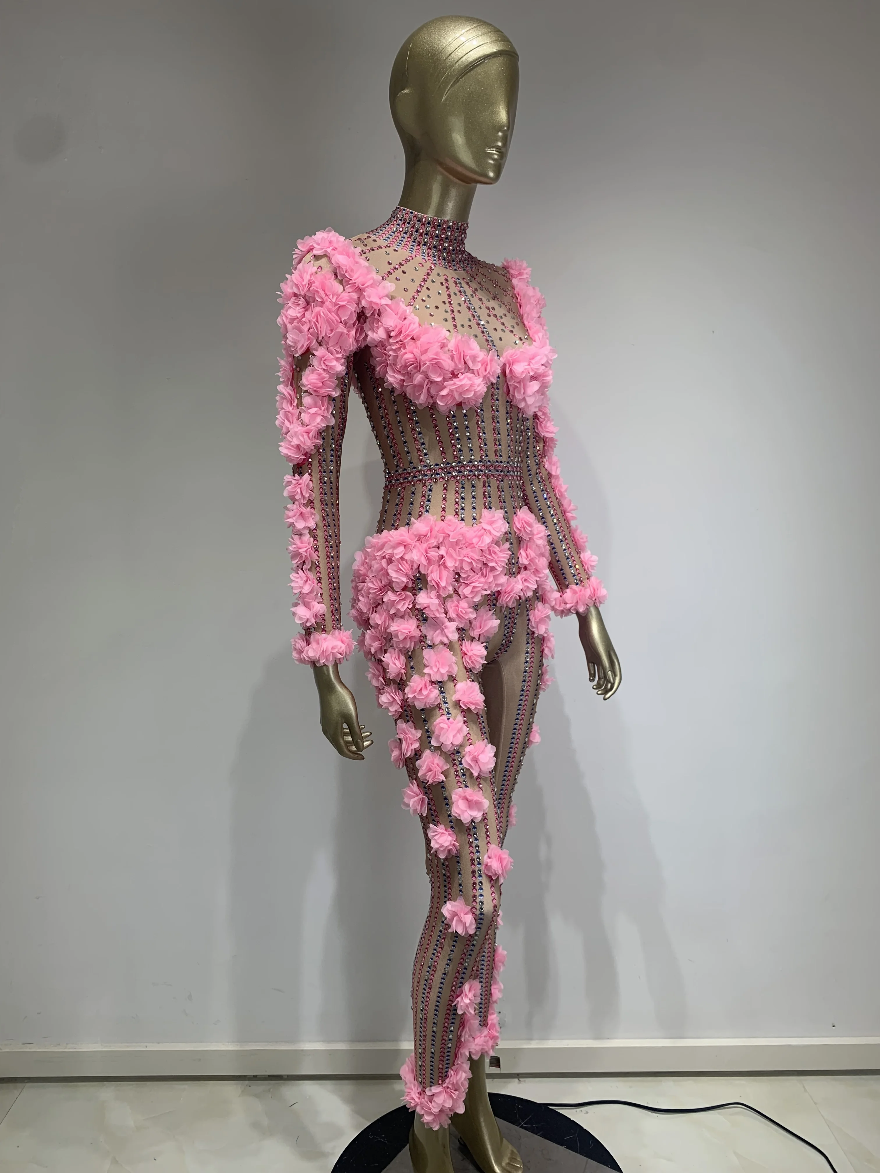 Women Pink Decal Crystal Diamond Stretching Bodysuit Birthday Party Bar Nightclub DJ Female Singer Stage Performance Costume
