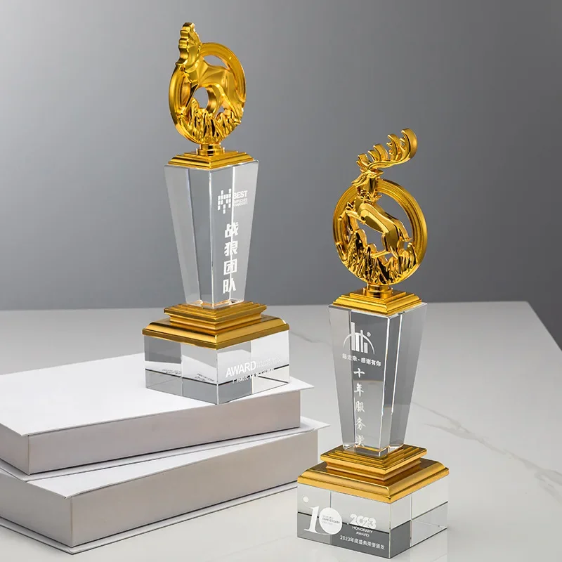 Customized High-end Crystal Trophy, Souvenir Crafts Gift, Home Decoration, Creative Metal Deer Trophies Commemorative Award, 1Pc
