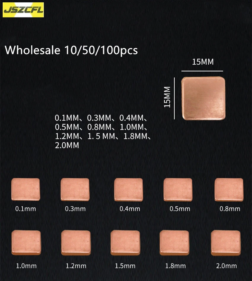 10/50/100pcs 15x15mm notebook měď aršík talíř svléknout se shim tepelný blok chladičem aršík 0.3-2mm pro GPU CPU VGA čipem beran chladící