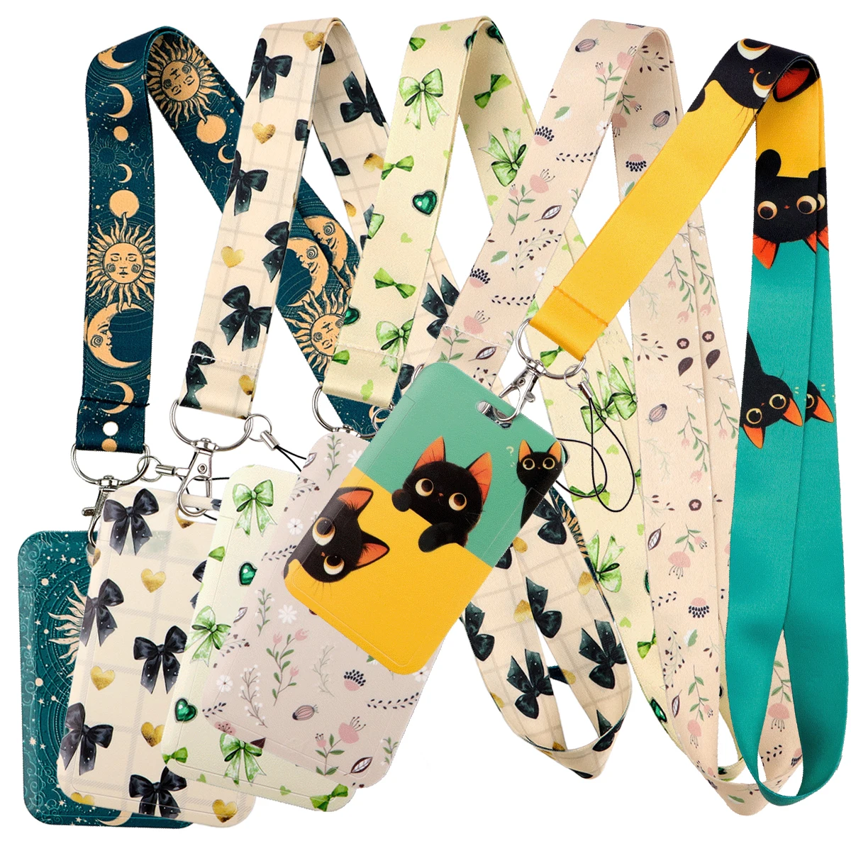 Moon-Themed Lanyard with Card Holder and Cartoon Bow Design - Floral Neck Strap