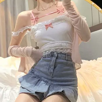 Y2k 여성용 솔리드 슬링 탑, 귀여운 소녀 카와이 레이스 보우, 슬링 조끼 내부, 90 년대 미학 크롭탑, 여름 신상