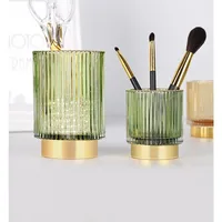 Gold Margin Thickened Glass Storage Bucket, Dark Green Pen Holder, Storage Jar Cup, Makeup Brush Bucket, Tabletop Vase 1