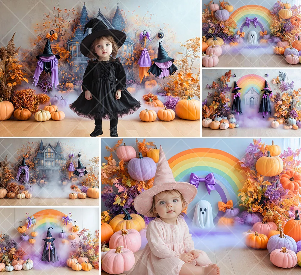 Mehofond Photography Background Pastel Halloween Rainbow Pumpkins Kids Birthday Cake Smash Portrait Decor Backdrop Photo Studio