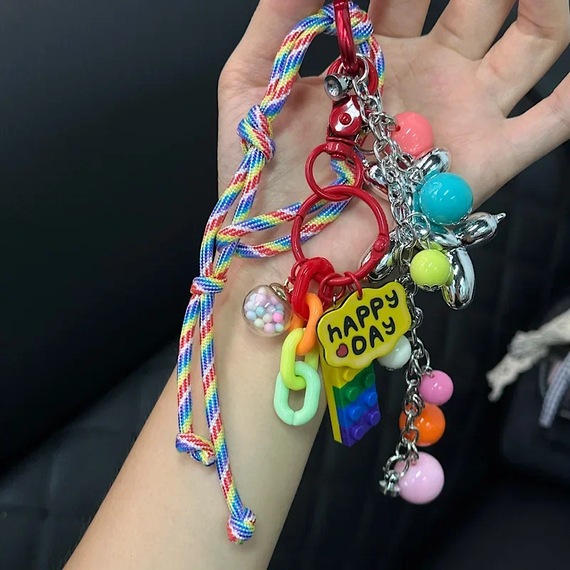 Ins Rainbow Beads Novel Personalized Hanging Chain Car Phone Case Key Bag Pendant for Men and Women Hanging Chain Decorative 4