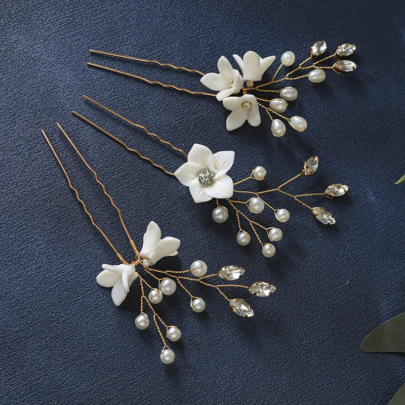 Bride Wedding Ceramic Flower Hair Accessories Pearl Rhinestone Hair Pins For Women Headpiece Jewelry Bridesmaid Gift 3Pcs/Lot