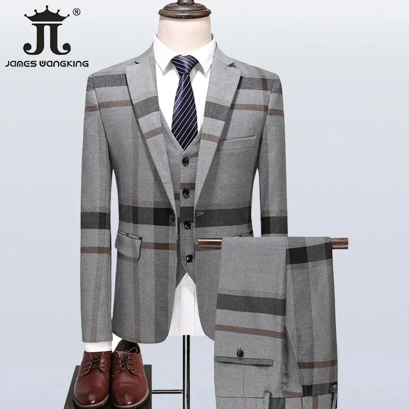 

5XL ( Jacket + Vest + Pants ) Boutique High-end Brand Plaid Formal Business Men's Slim Suit Three-piece Set Groom Wedding Dress