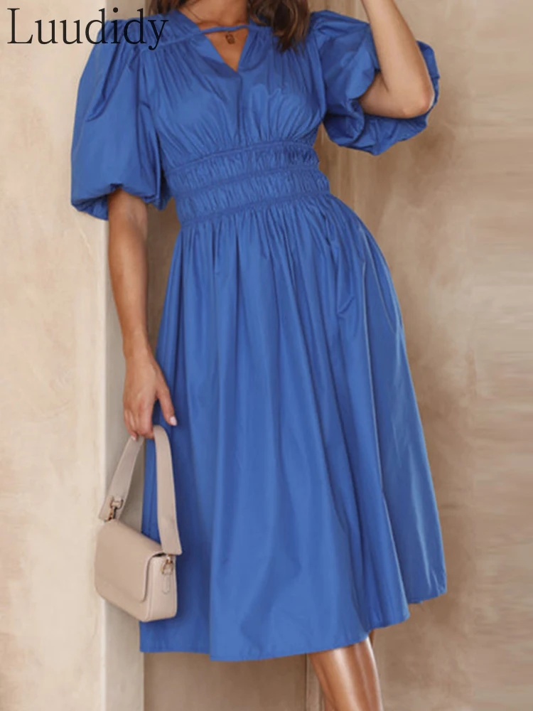 

Women Vintage Solid V Neck Lantern Sleeve Long Dresses