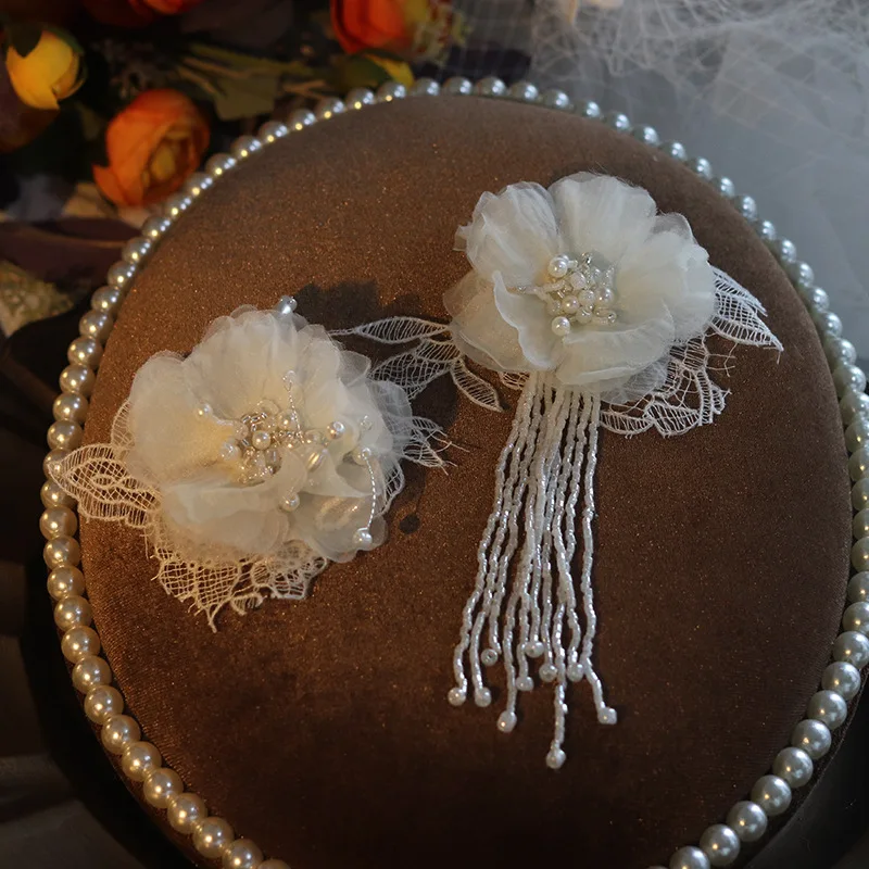 Bridal New Lace Design Headband Pearl Asymmetrical Flower Ear Clips Wedding Hairbands Set