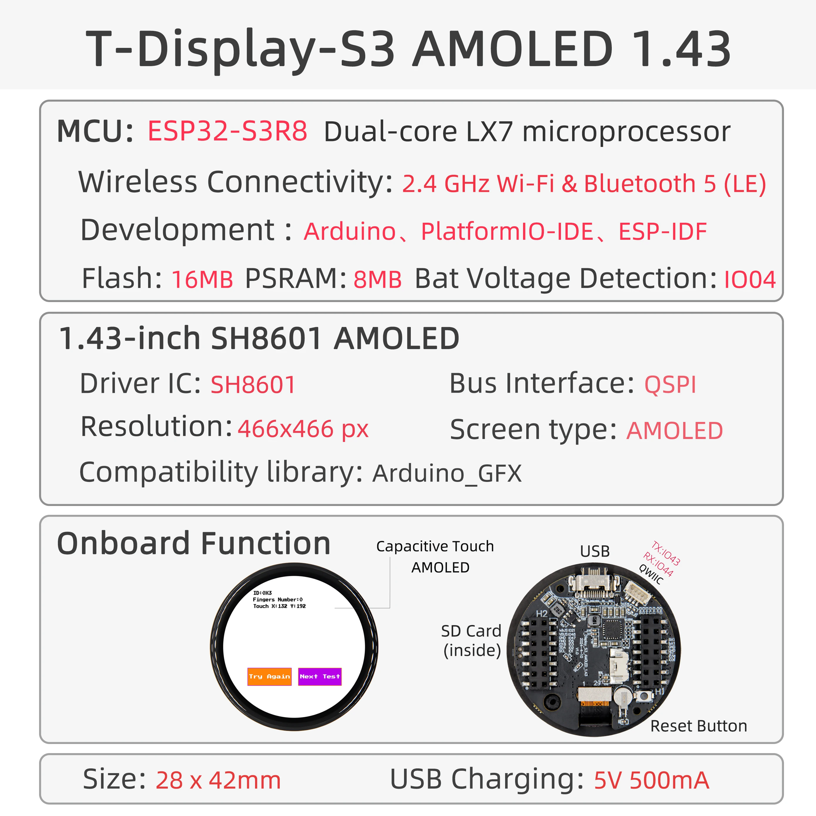 ® T-Display-S3 ESP32-S3 1.43-inch AMOLED Development Board WiFi Bluetooth Wirele