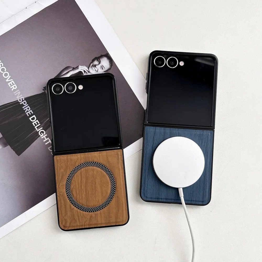 Luxury Wood Grain Magnetic Leather Phone Case with Magsafe Compatibility - Shockproof Cover