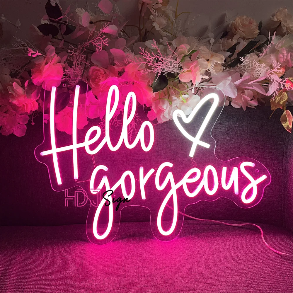 60cm Neon Sign Lights Hello Gorgeous Neon LED Sign Girl Room Decor BedroomWedding Decor Wall Hanging Decor For Salon Party Bar