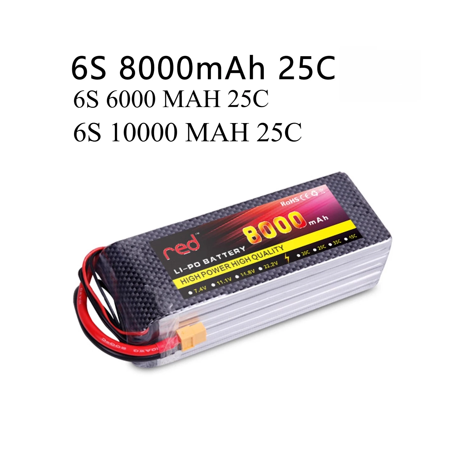 Batterie Lipo 6S 25C pour drone, capacité 6000mAh, à côté d'un drone pour échelle.