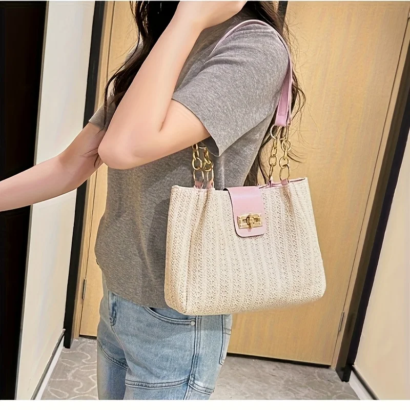 Elegant Women's Woven Fabric Shoulder Bag with Adjustable Chain Strap Front Flap Button Closure Professional Use, Woven Handbag