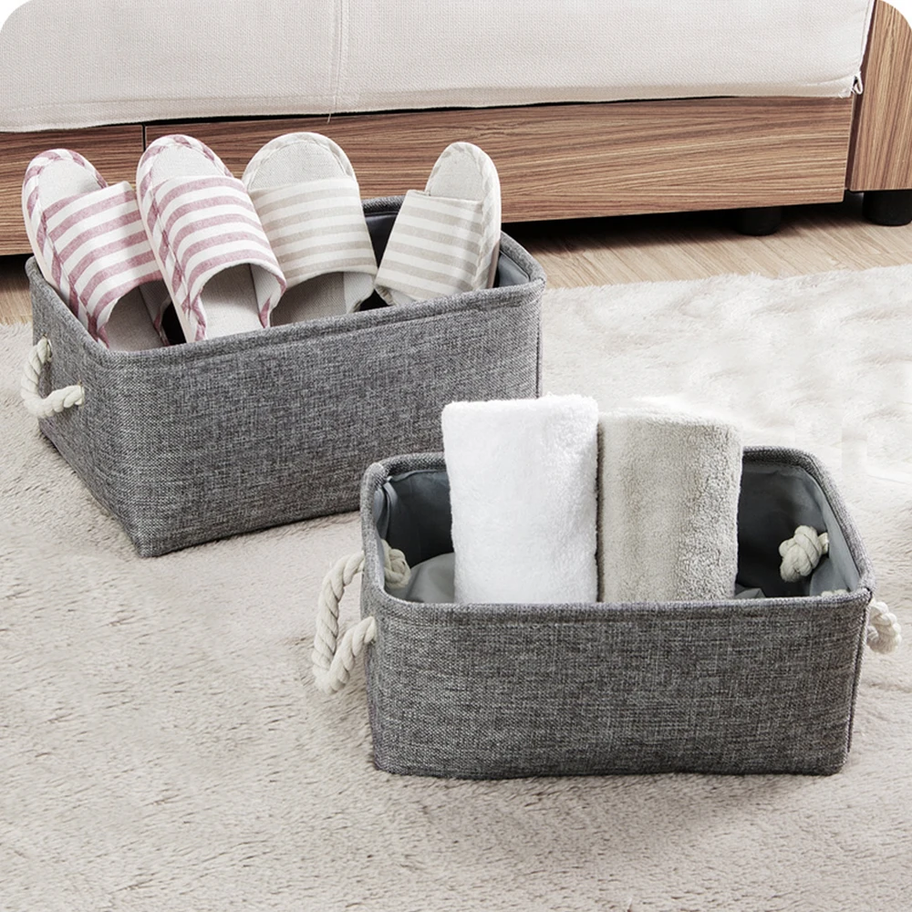 Grey Flax Canvas Folding Storage Baskets for Kids Toys and Laundry