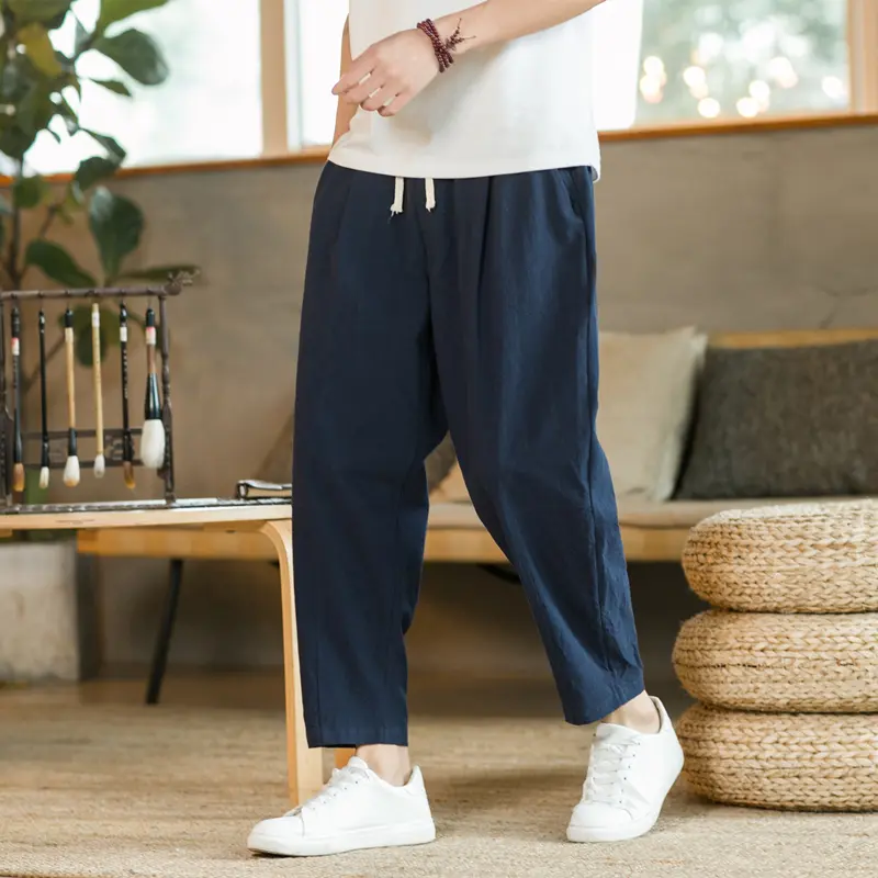 Men's Trousers Cotton Linen Fashion Casual Pants Solid Color Breathable Loose Shorts Straight Drawstring Pants Streetwear Men - Image 2