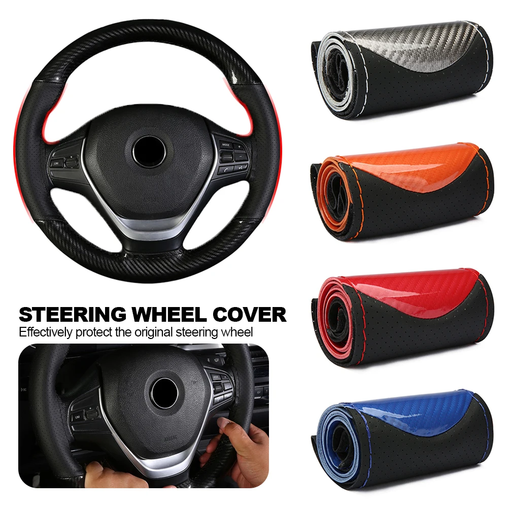 Carbon Fiber Fashion Sports Handmade Stitched Car Steering Wheel Cover Non-Slip Leather Braid For Steering Wheel 38Cm
