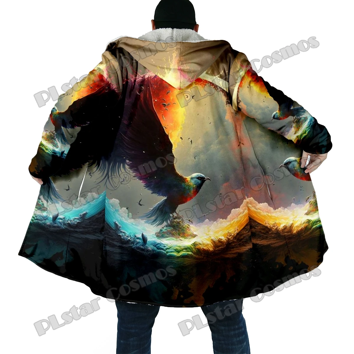 Winter Fashion Men's cloak Animal Eagle Pattern 3D All Over Printed Thick Fleece Hooded Cloak Unisex Casual Warm Cape Coat DP45