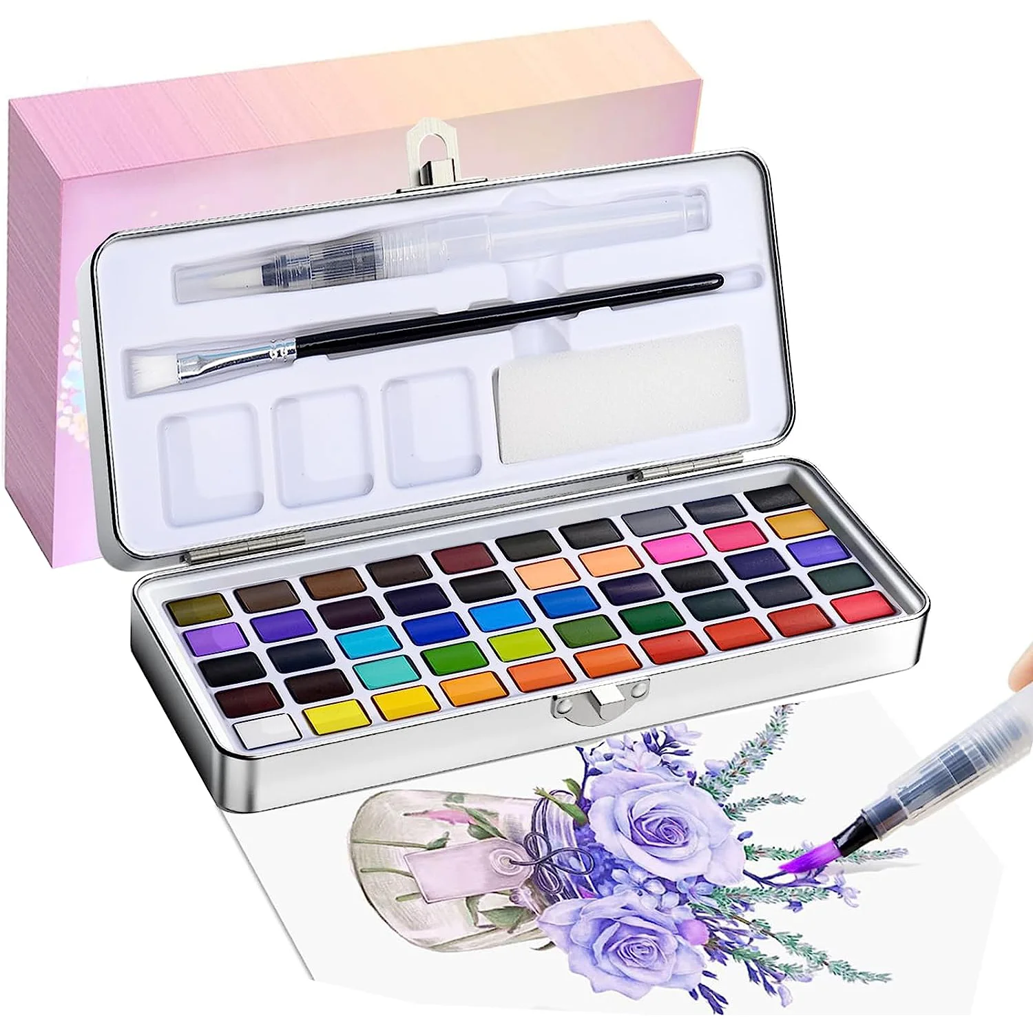 סט צבעי מים ב-50 צבעים עם פלטה, מברשת - סט נייד לאמנים, אוהדים ואוהבי ציור
