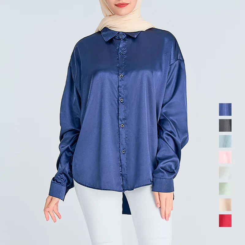 

Islam Abaya Kaftan Imitation Silk Top Islamic Clothes Long Sleeve Satin Shirt Feminine Commuter Basic Shirt